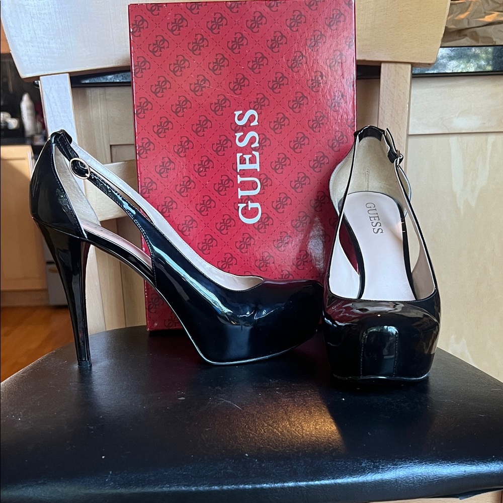 GUESS Shiny Black Platform Heels